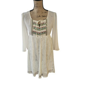 Flying tomato embroidered cream colored midi dress with long sleeves, size xs